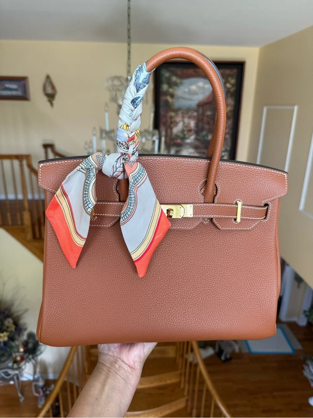 Pebbled Leather Togo  Top-Handle Satchel in gold on gold with Scarf accent 30CM